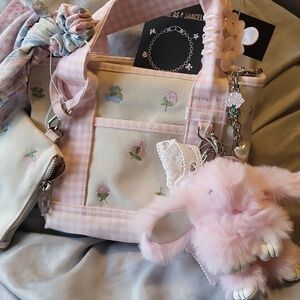 Madden Girl Pink Gingham Floral Canvas Mini Tote with Plush Bunny Charm Pouch EL